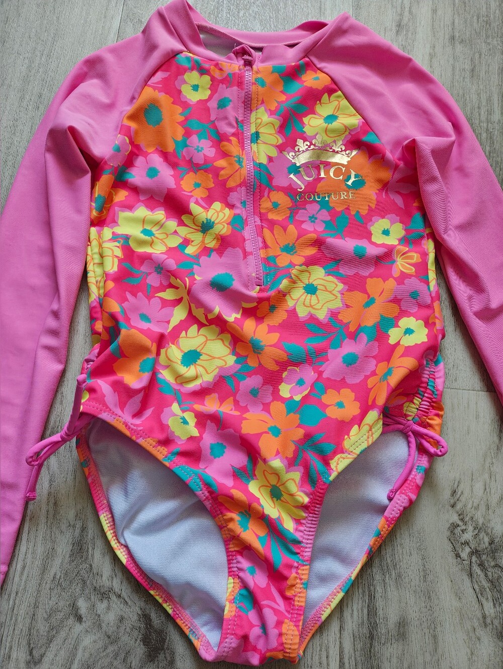 Juicy Couture Girls' Pink Floral Long-Sleeve One-Piece Swimsuit